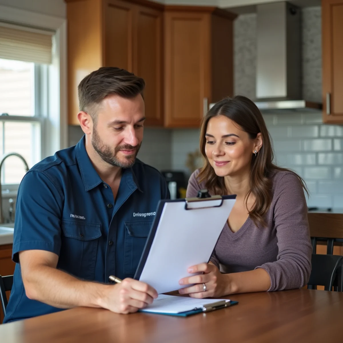 Plumber writing a written estimate at a kitchen table in a Westfield, NJ home