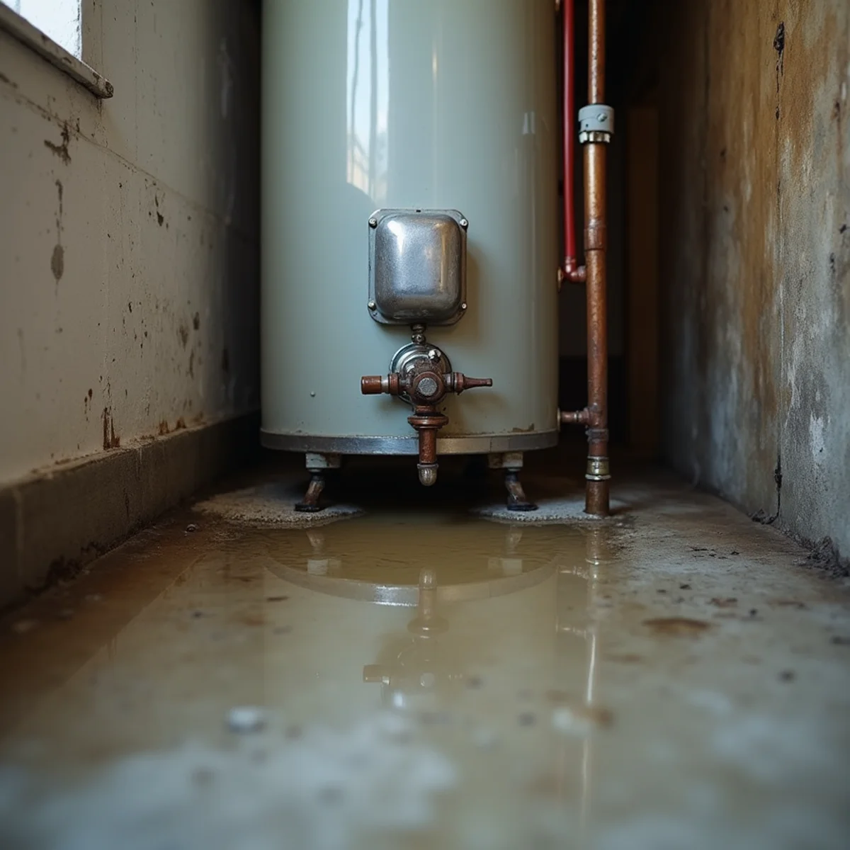 Water pooling under a leaking water heater in a Clark, NJ basement