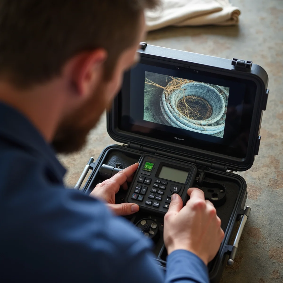 Sewer camera reel and monitor used to inspect a clay lateral in Westfield