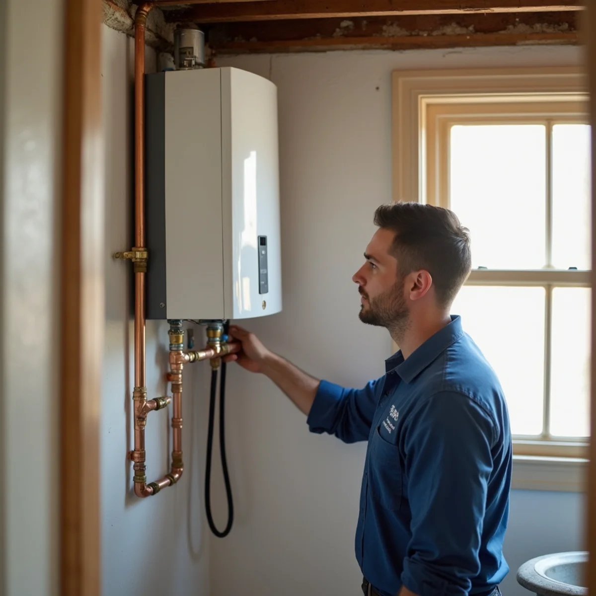 Newly installed tankless water heater on a basement wall in Westfield, NJ